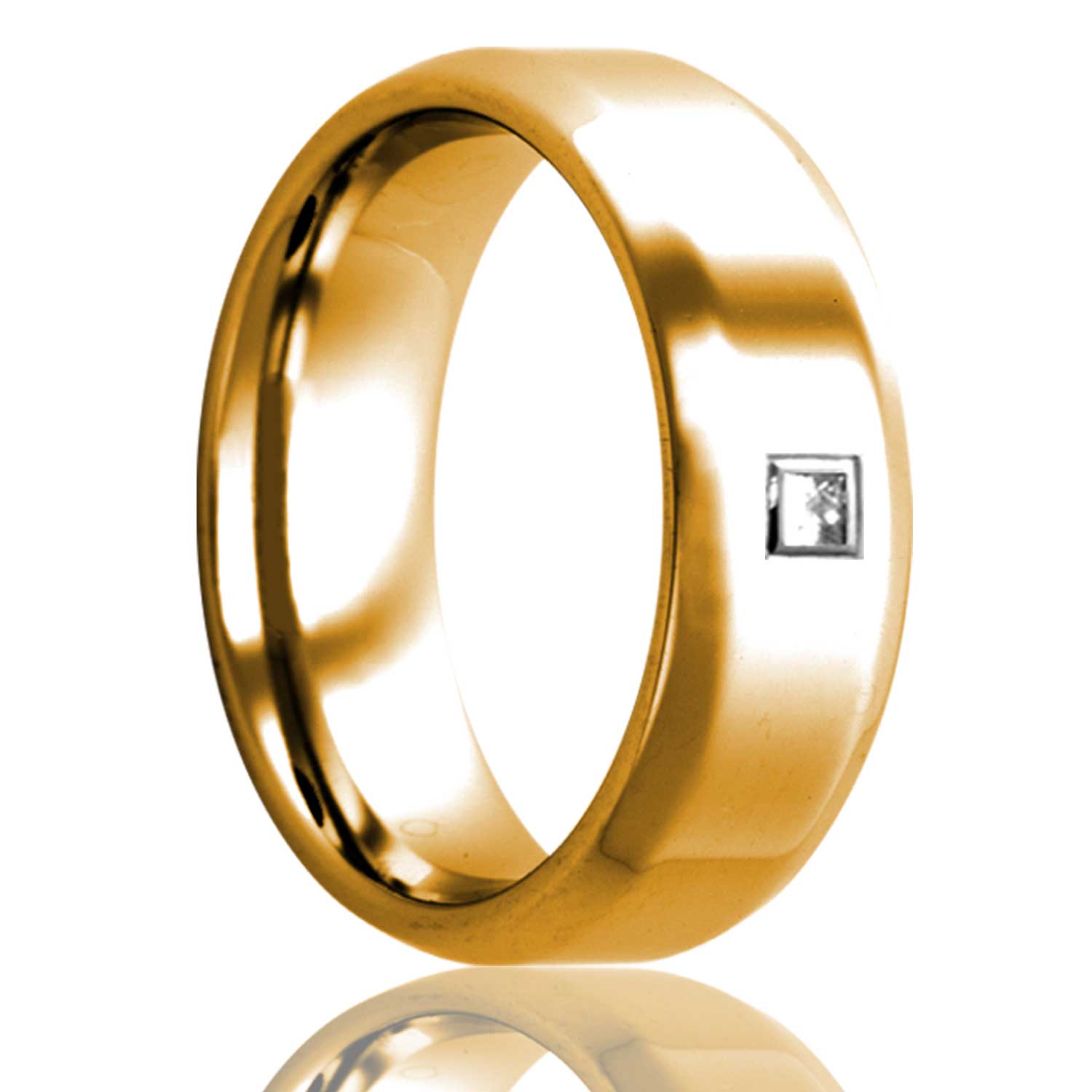 A 14k gold wedding band with square diamond & beveled edges displayed on a neutral white background.