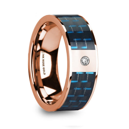 14k Rose Gold Diamond Men's Wedding Band with Blue & Black Carbon Fiber Inlay