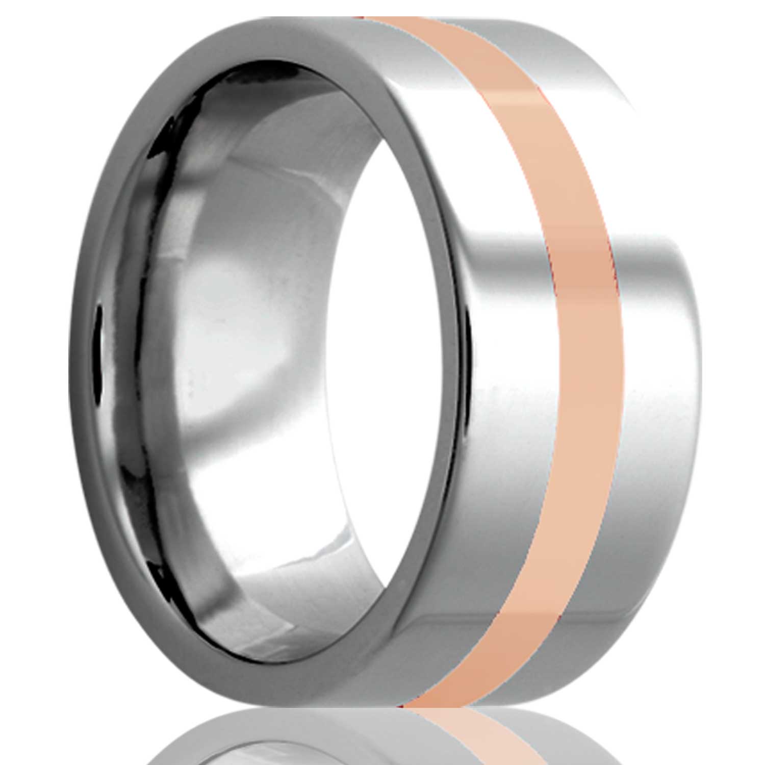 A cobalt wedding band with solid 14k rose gold inlay displayed on a neutral white background.