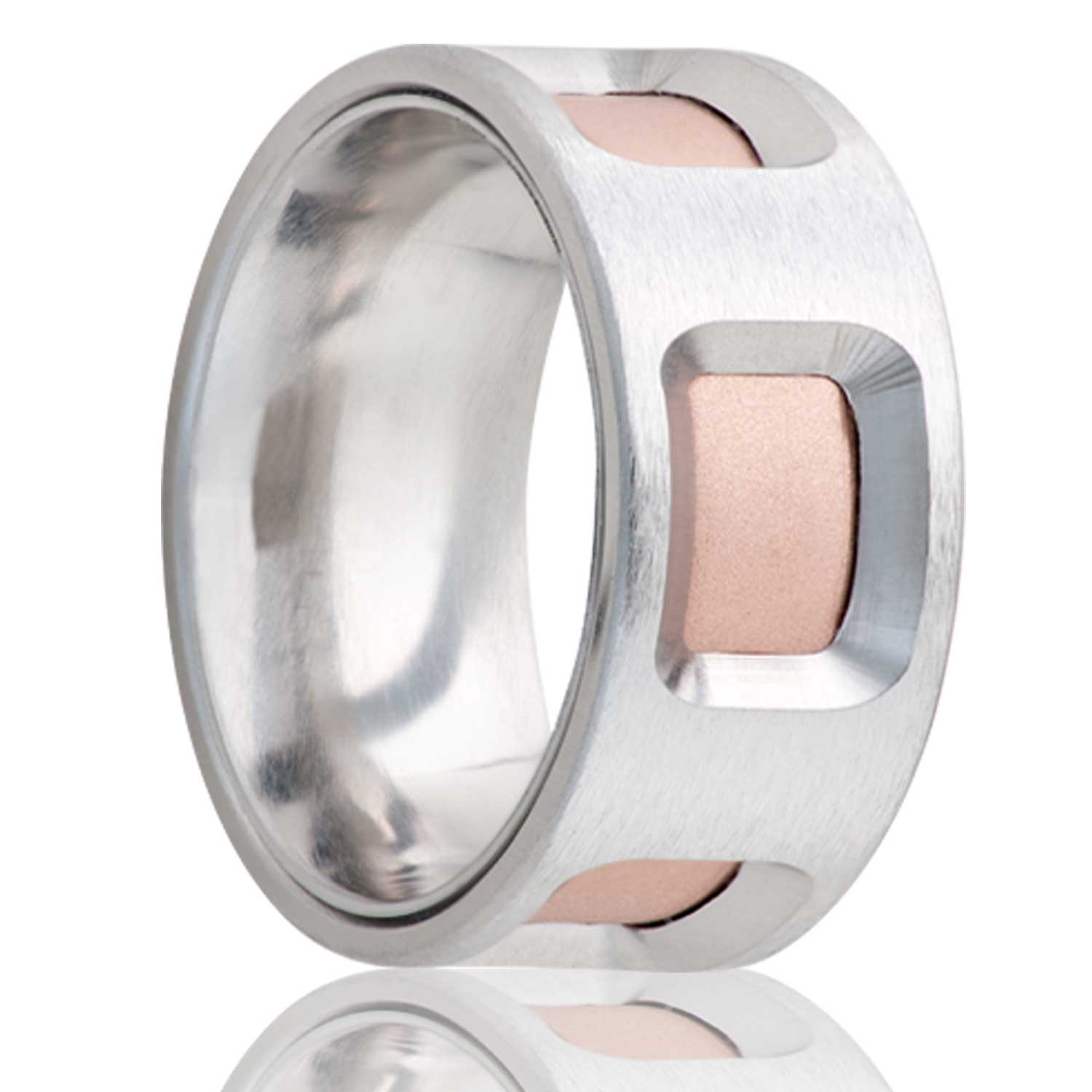 A cobalt men's wedding band with 14k rose gold inlays displayed on a neutral white background.