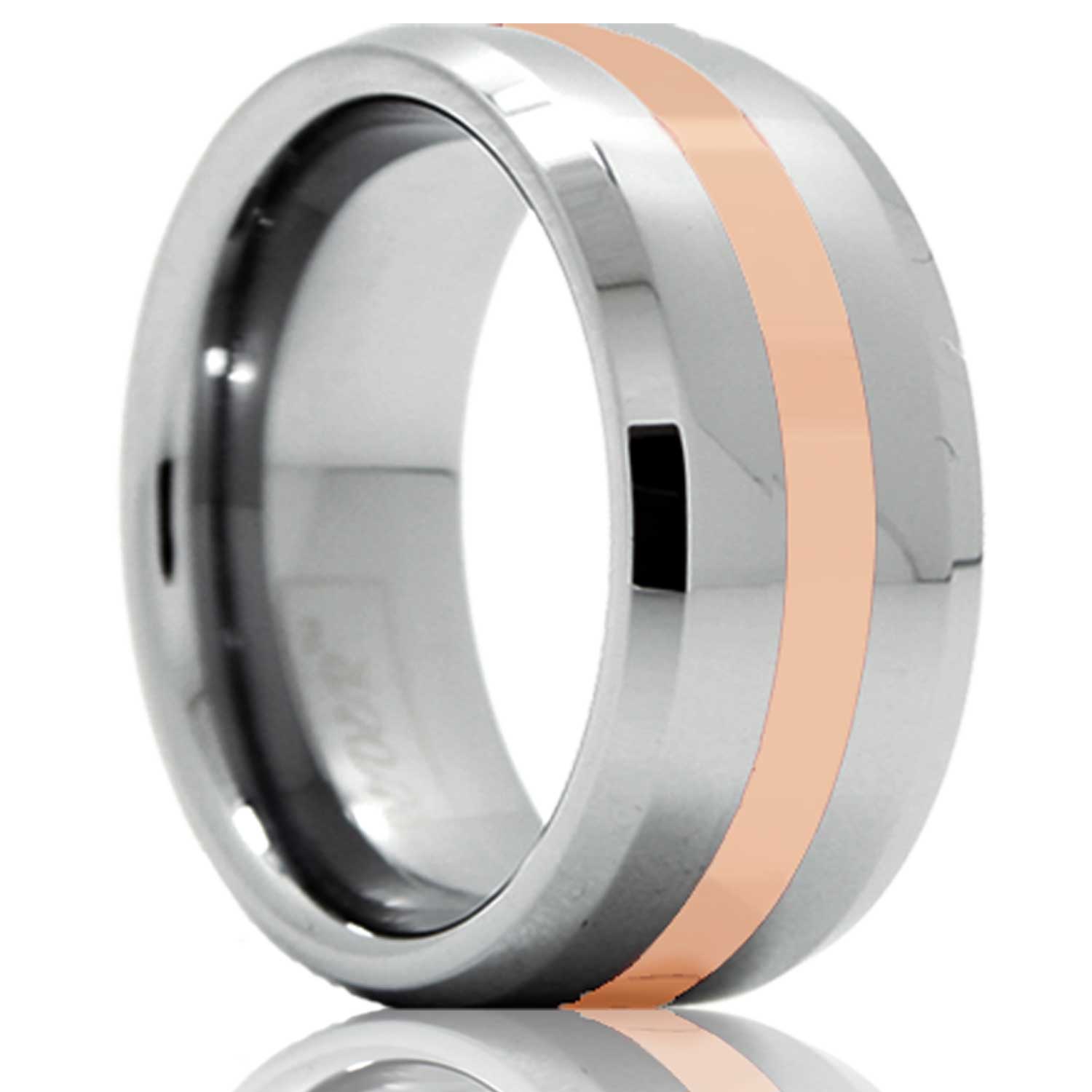 A solid 14k rose gold inlay cobalt wedding band with beveled edges displayed on a neutral white background.