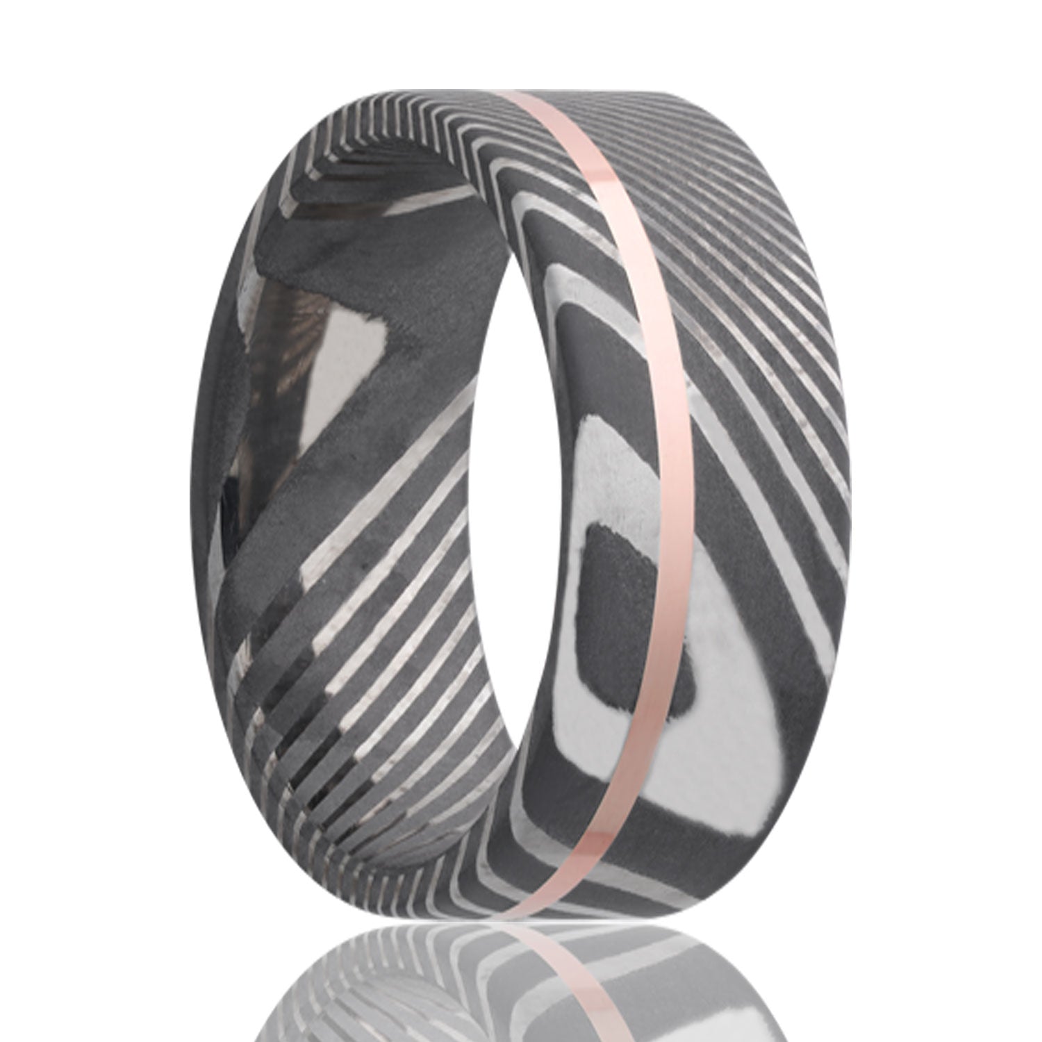 A asymmetrical 14k rose gold inlay damascus steel men's wedding band displayed on a neutral white background.