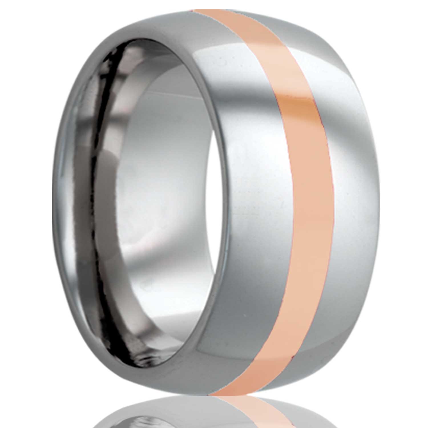 A 14k rose gold inlay domed cobalt wedding band displayed on a neutral white background.