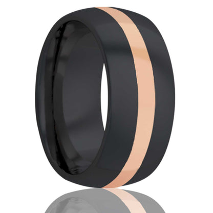 A 14k rose gold inlay domed zirconium wedding band displayed on a neutral white background.