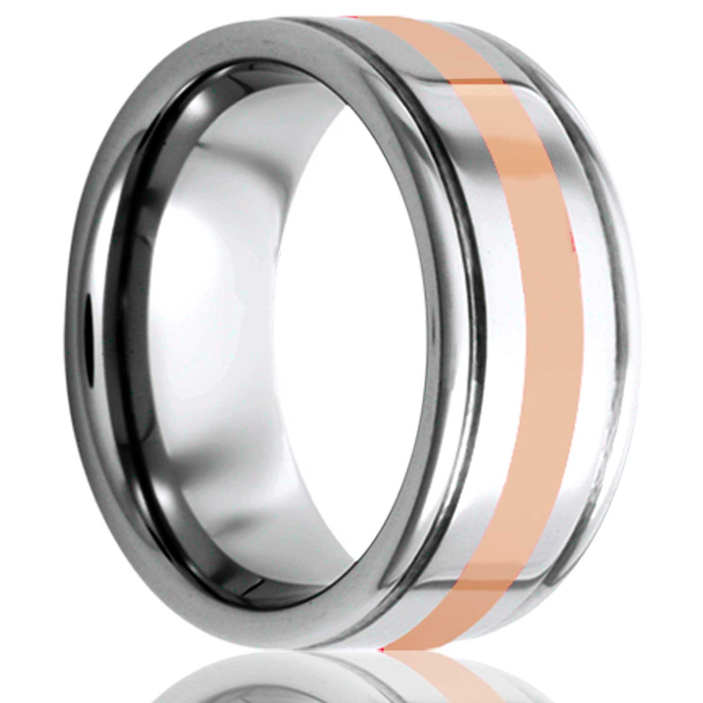 A 14k rose gold inlay cobalt wedding band with grooved edges displayed on a neutral white background.
