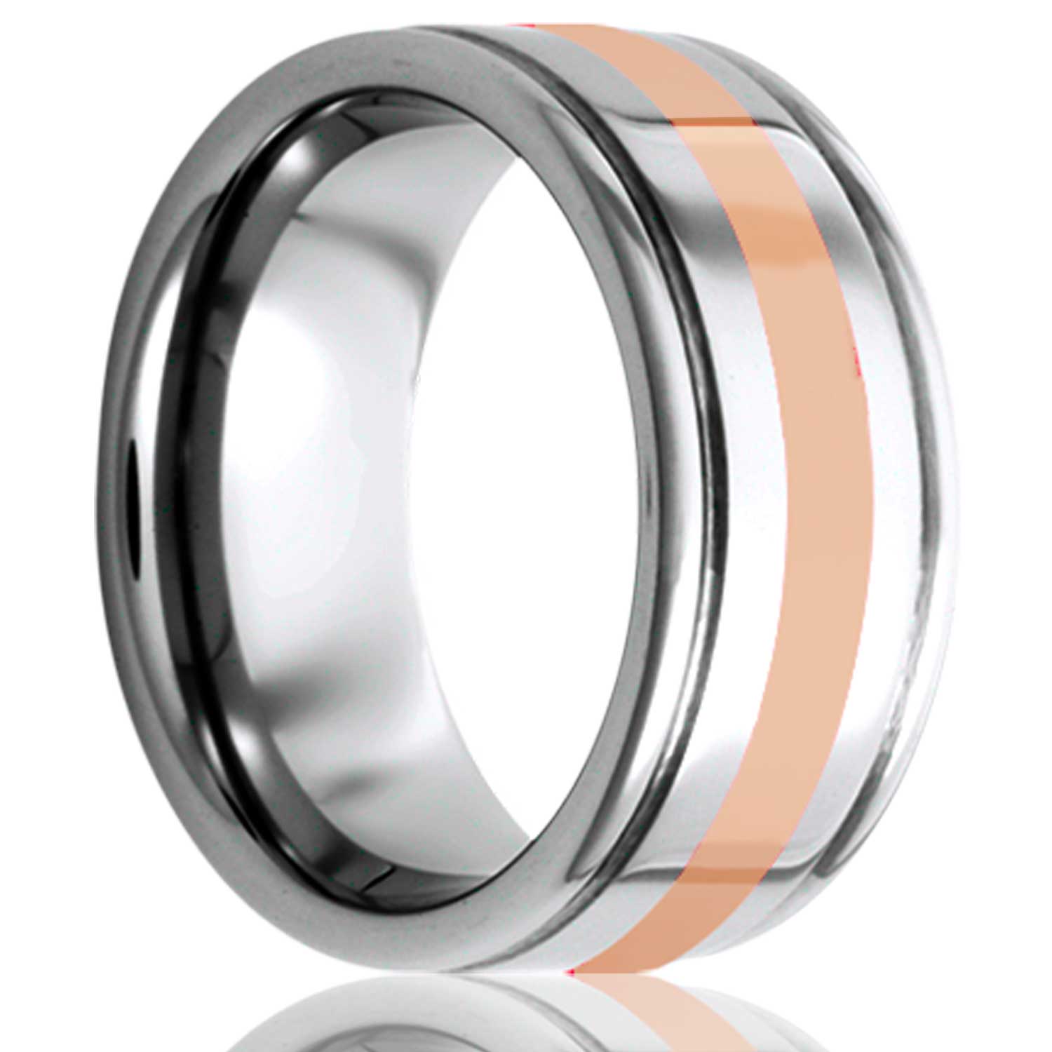 A 14k rose gold inlay grooved tungsten wedding band with grooved edges displayed on a neutral white background.