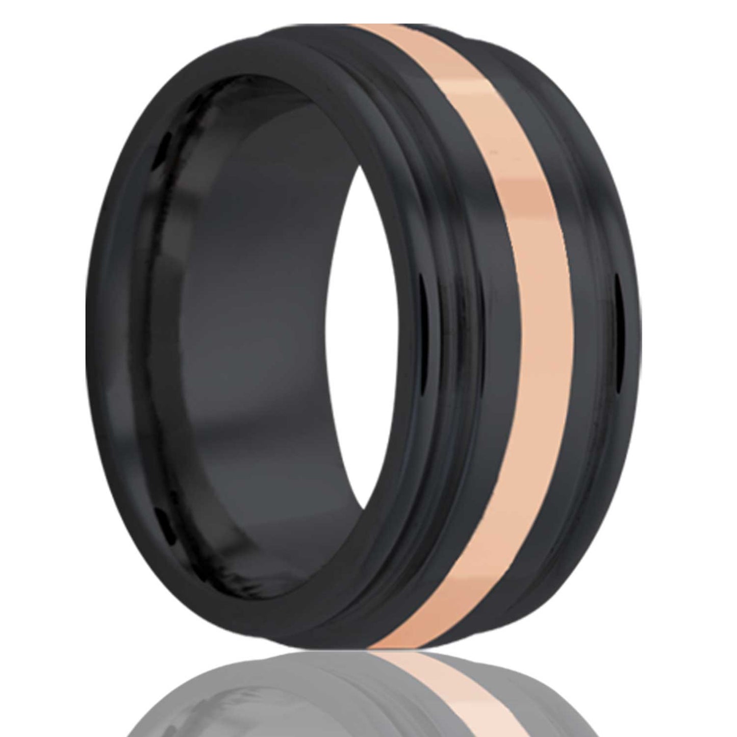 A 14k rose gold inlay grooved zirconium wedding band displayed on a neutral white background.