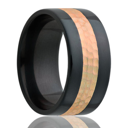 14k Rose Gold Inlay Hammered Zirconium Wedding Band