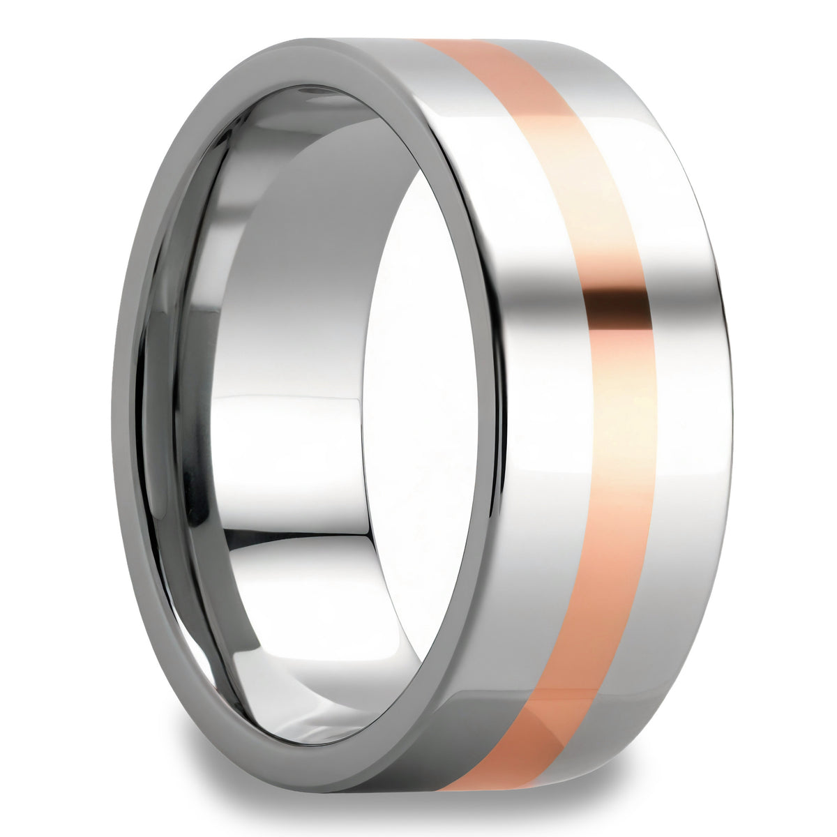 A solid 14k rose gold inlay tungsten wedding band displayed on a neutral white background.