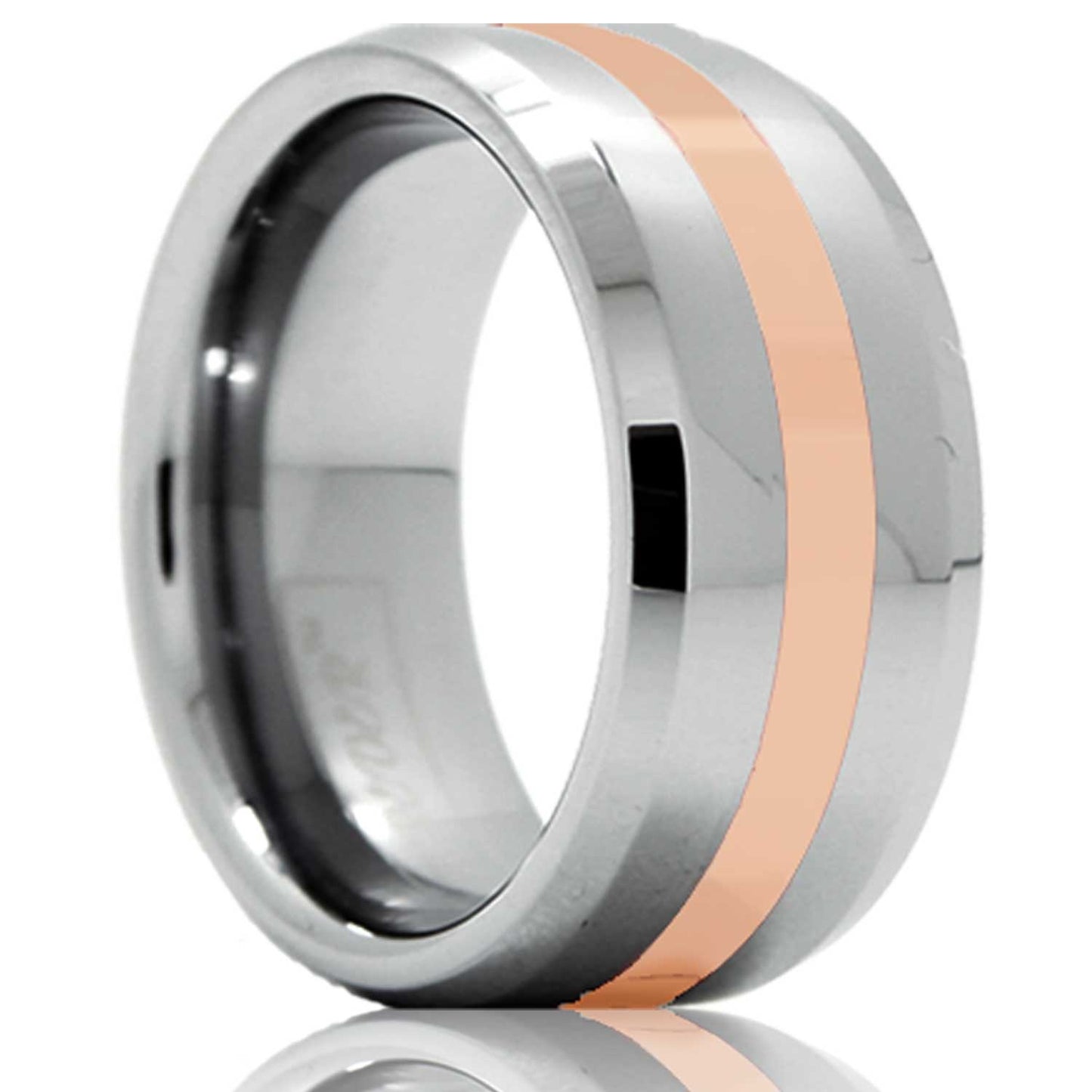 14k Rose Gold Inlay Tungsten Wedding Band with Beveled Edges