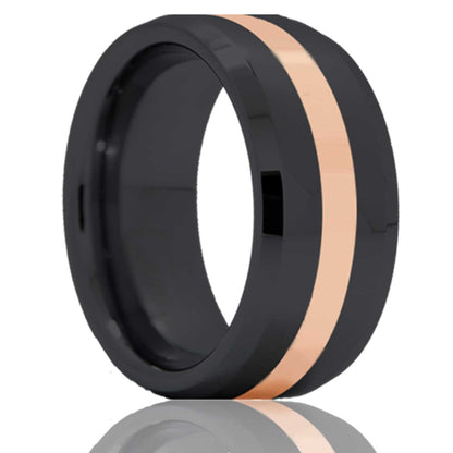 14k Rose Gold Inlay Zirconium Wedding Band with Beveled Edges