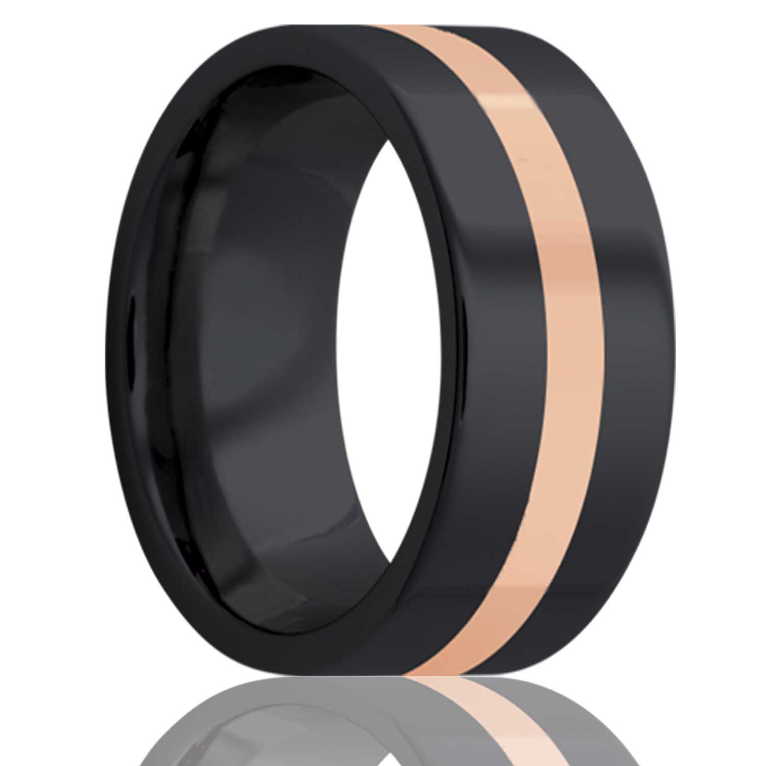 A solid 14k rose gold inlay zirconium wedding band displayed on a neutral white background.