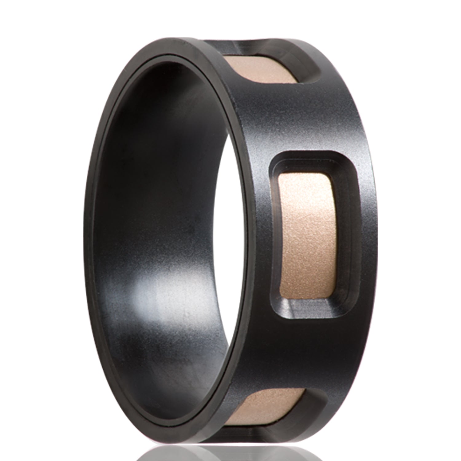 A 14k rose gold inlay zirconium men's wedding band displayed on a neutral white background.