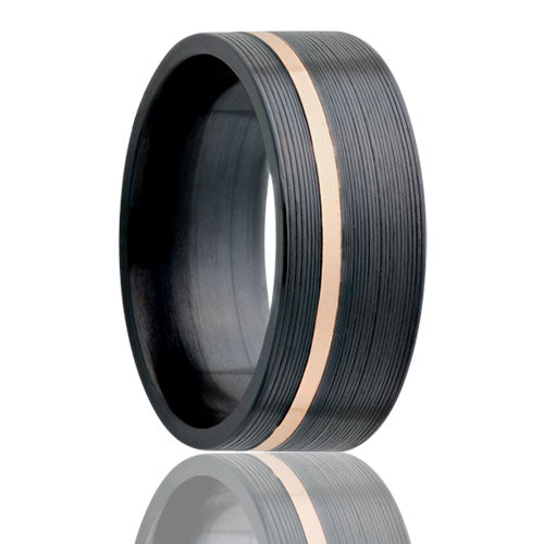 A asymmetrical 14k rose gold inlay zirconium men's wedding band displayed on a neutral white background.