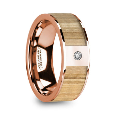 14k Rose Gold Men's Wedding Band with Ash Wood Inlay & Diamond