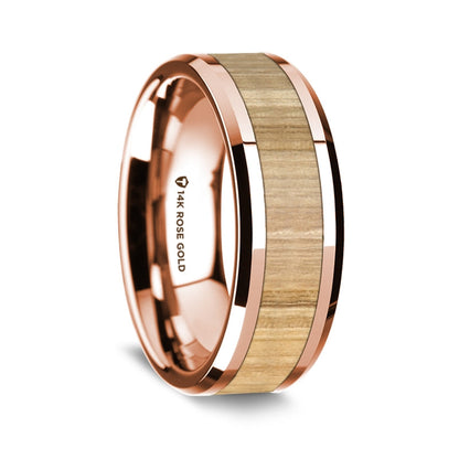 14k Rose Gold Men's Wedding Band with Ash Wood Inlay
