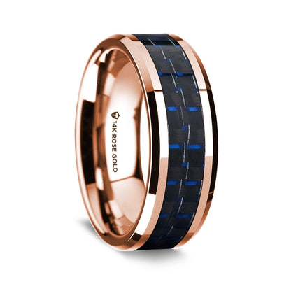 14k Rose Gold Men's Wedding Band with Black & Blue Carbon Fiber Inlay