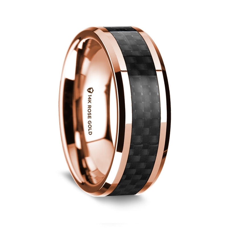 14k Rose Gold Men's Wedding Band with Black Carbon Fiber Inlay