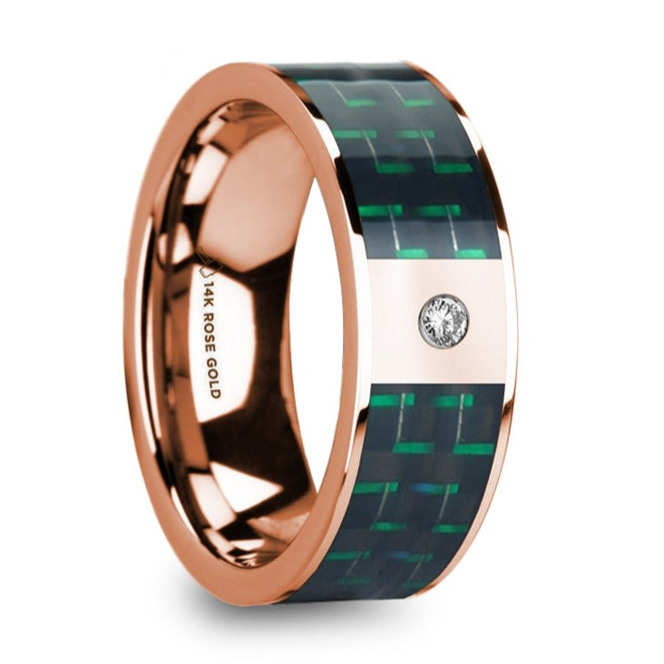 14k Rose Gold Men's Wedding Band with Black & Green Carbon Fiber Inlay and Diamond