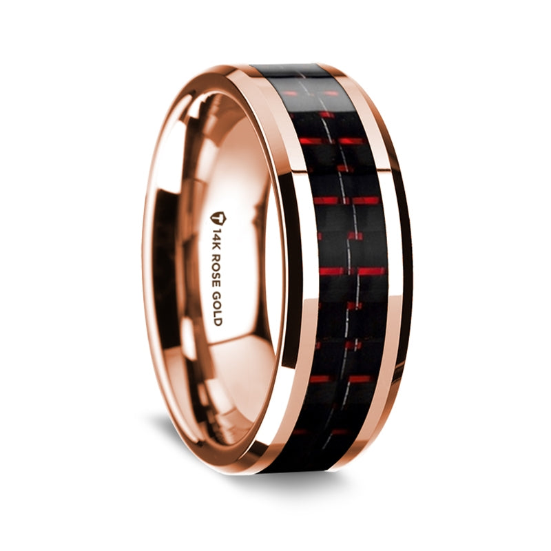 14k Rose Gold Men's Wedding Band with Black & Red Carbon Fiber Inlay