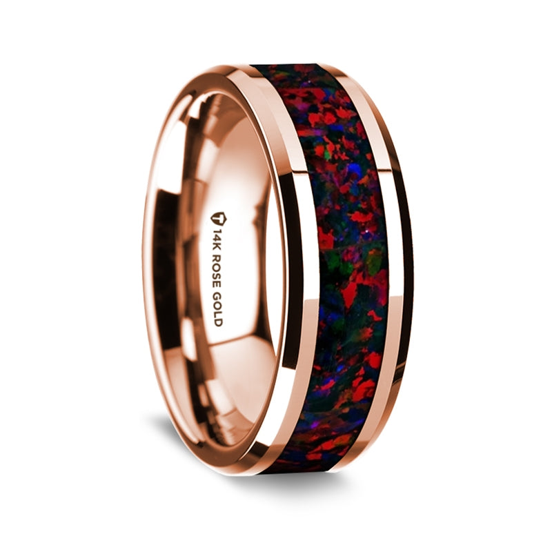 14k Rose Gold Men's Wedding Band with Black & Red Opal Inlay