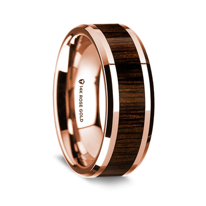 14k Rose Gold Men's Wedding Band with Black Walnut Inlay