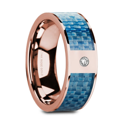 14k Rose Gold Men's Wedding Band with Blue Carbon Fiber Inlay & Diamond
