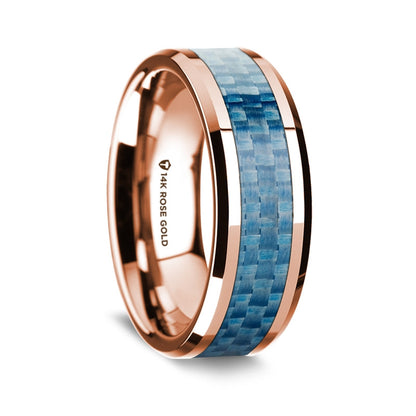 14k Rose Gold Men's Wedding Band with Blue Carbon Fiber Inlay