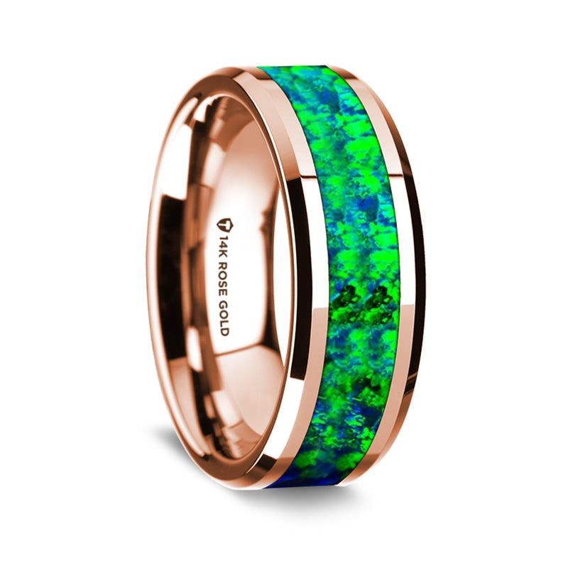 14k Rose Gold Men's Wedding Band with Blue & Green Opal Inlay