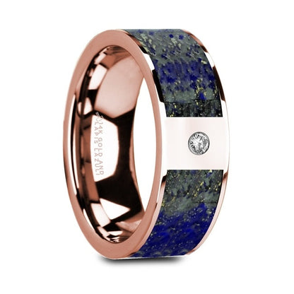 14k Rose Gold Men's Wedding Band with Blue Lapis Lazuli Inlay & Diamond