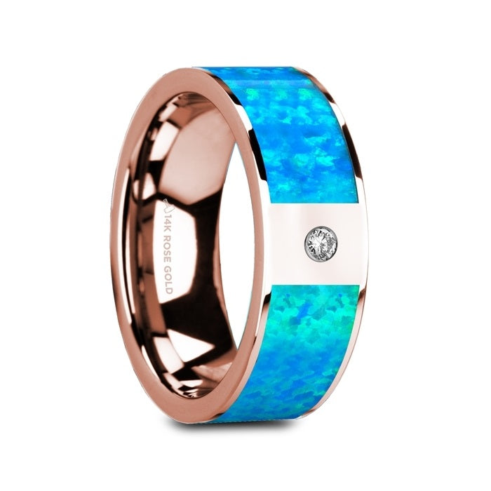 14k Rose Gold Men's Wedding Band with Blue Opal Inlay & Diamond