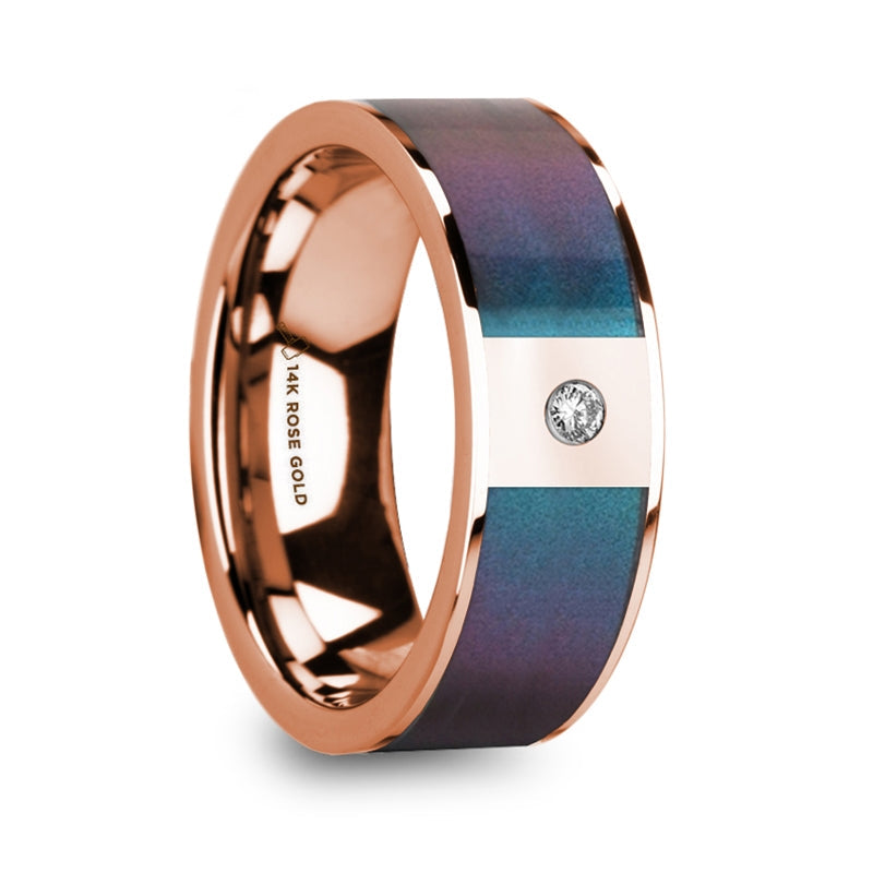 14k Rose Gold Men's Wedding Band with Blue & Purple Color Changing Inlay and Diamond