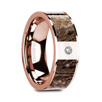 14k Rose Gold Men's Wedding Band with Brown Dinosaur Bone & Diamond