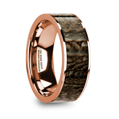 14k Rose Gold Men's Wedding Band with Brown Dinosaur Bone Inlay