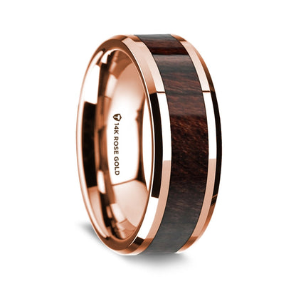 14k Rose Gold Men's Wedding Band with Bubinga Wood Inlay