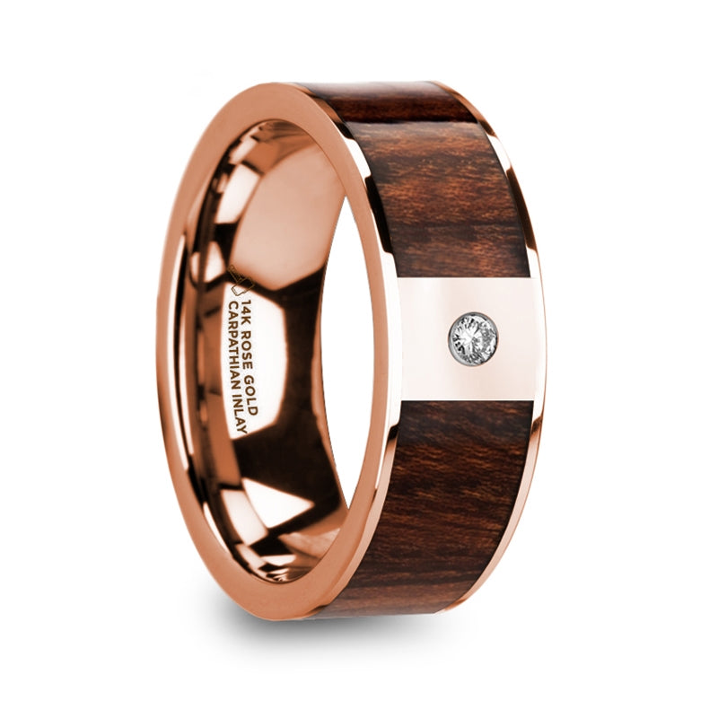 Alianza de oro blanco de 14 k para hombre con incrustaciones de madera de los Cárpatos y diamante
