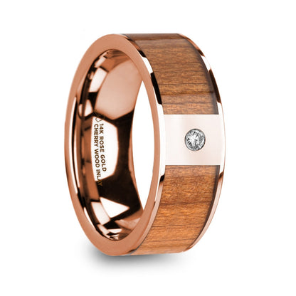 14k Rose Gold Men's Wedding Band with Cherry Wood Inlay & Diamond