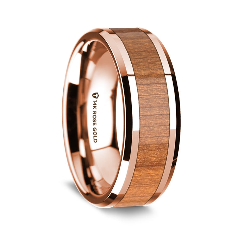 14k Rose Gold Men's Wedding Band with Cherry Wood Inlay