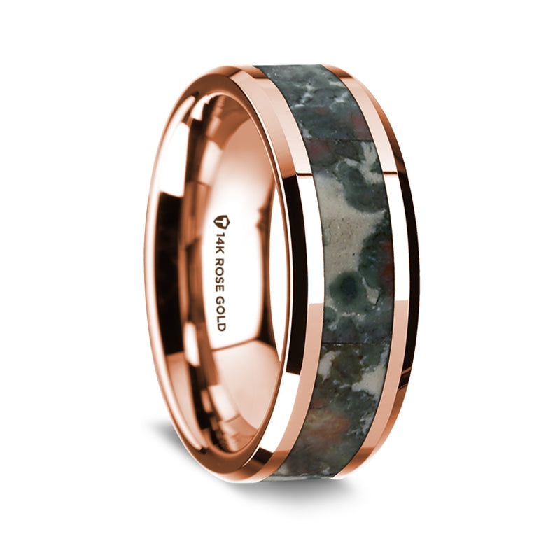 14k Rose Gold Men's Wedding Band with Coprolite Inlay