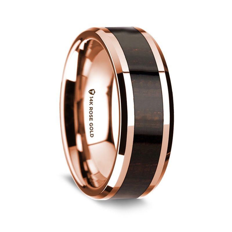 14k Rose Gold Men's Wedding Band with Ebony Wood Inlay