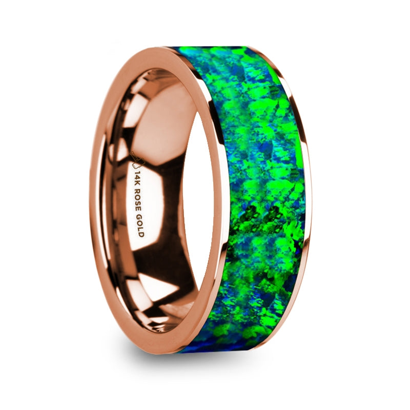 14k Rose Gold Men's Wedding Band with Green & Blue Opal Inlay