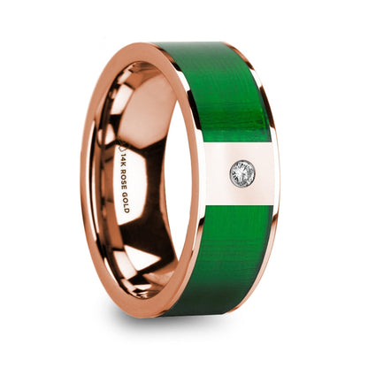 14k Rose Gold Men's Wedding Band with Green Inlay & Diamond