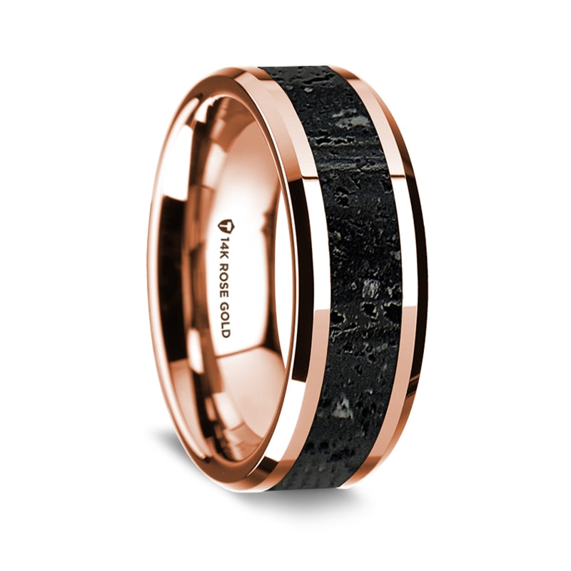 14k Rose Gold Men's Wedding Band with Lava Rock Inlay