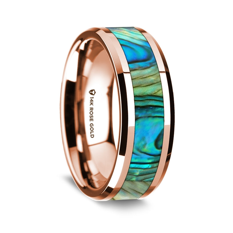 14k Rose Gold Men's Wedding Band with Mother of Pearl Inlay