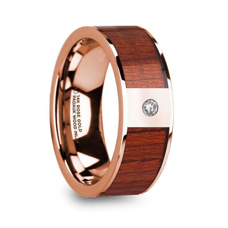 14k Rose Gold Men's Wedding Band with Padauk Wood Inlay & Diamond