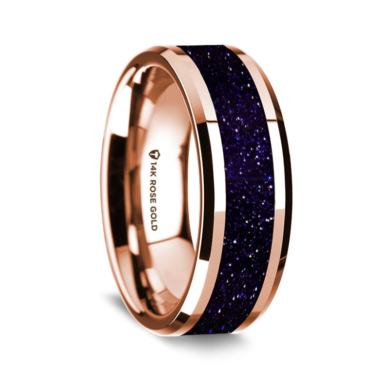 14k Rose Gold Men's Wedding Band with Purple Goldstone Inlay