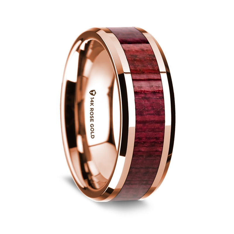 14k Rose Gold Men's Wedding Band with Purpleheart Wood Inlay