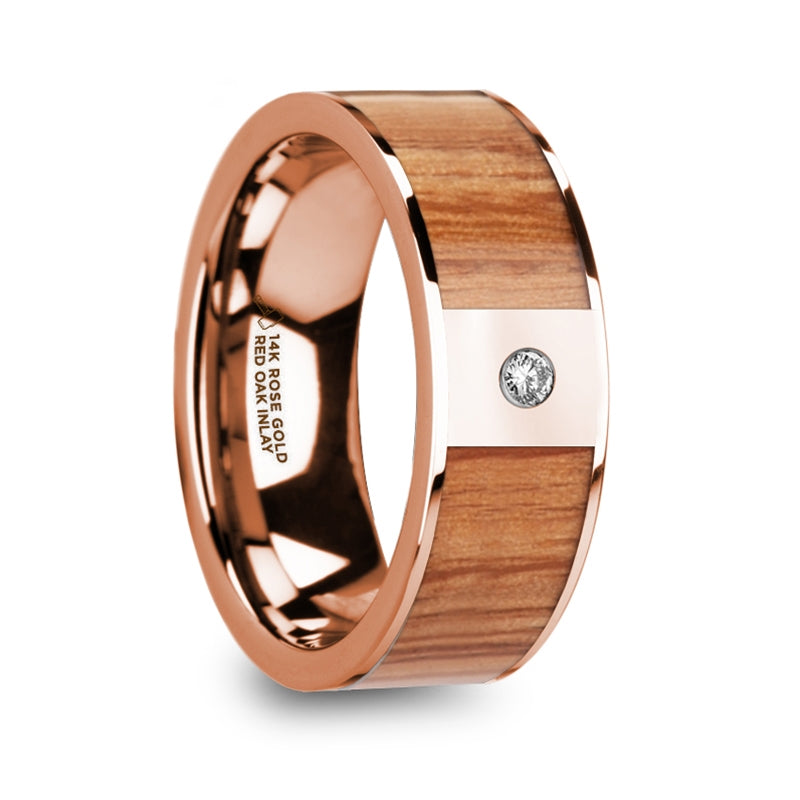 14k Rose Gold Men's Wedding Band with Red Oak Wood Inlay & Diamond