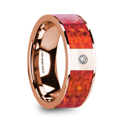 14k Rose Gold Men's Wedding Band with Red Opal Inlay & Diamond