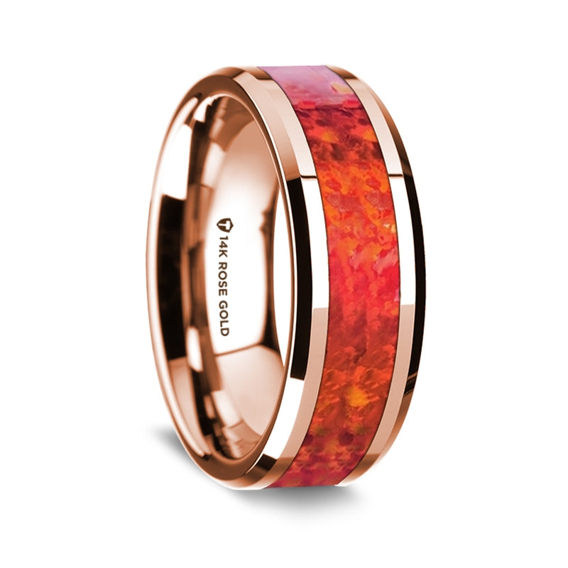14k Rose Gold Men's Wedding Band with Red Opal Inlay
